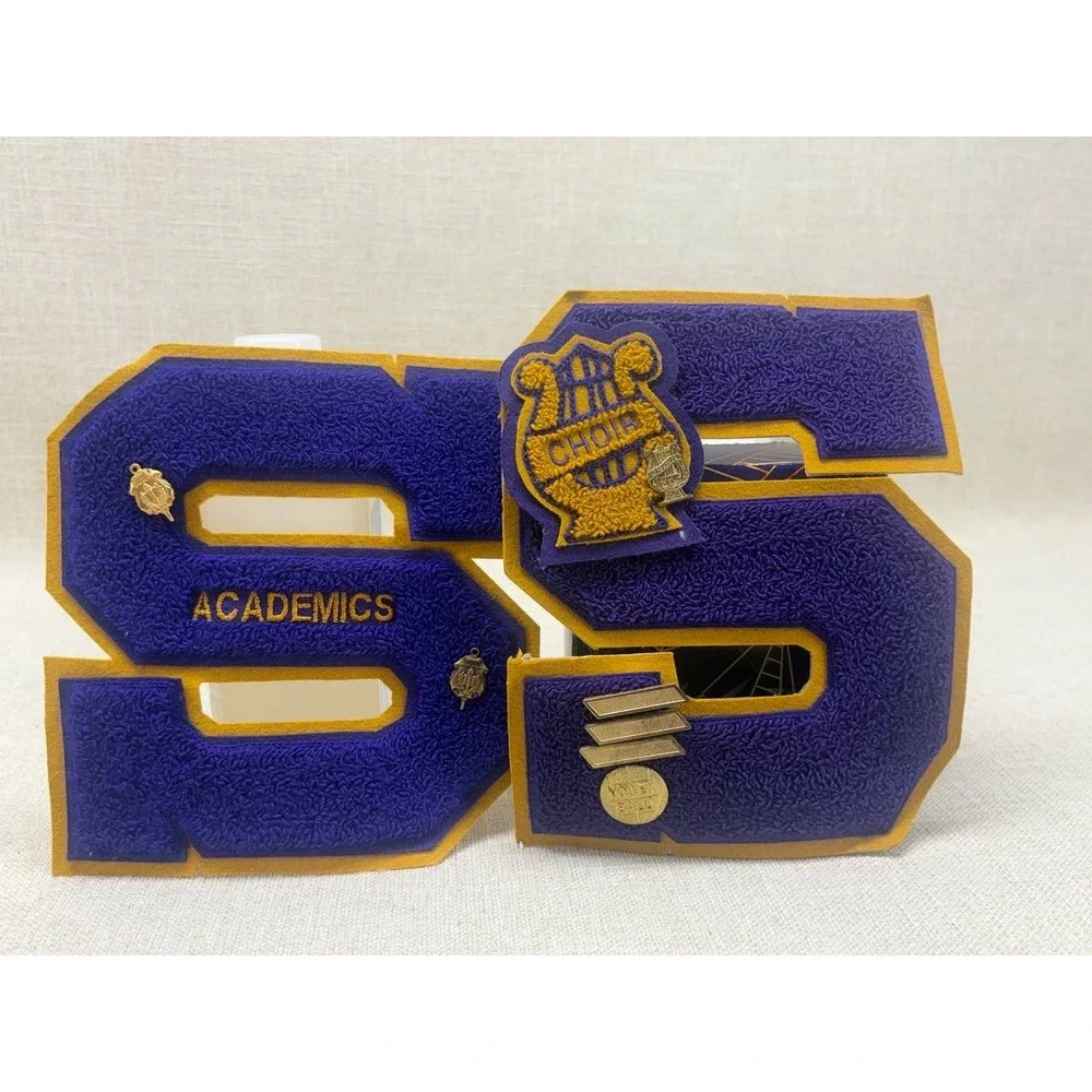 Vintage Varsity Letterman‎ Patches Purple Gold Letter S Academics Choir Pins Set